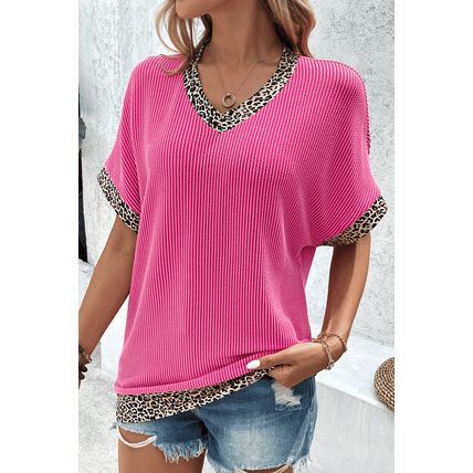 Bright Pink Leopard Patchwork Corded Texture V Neck T Shirt