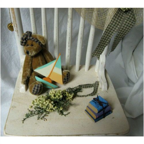 Decorative Painted White Wood Shelf Size Chair With Bears, Books, Hat & Boat