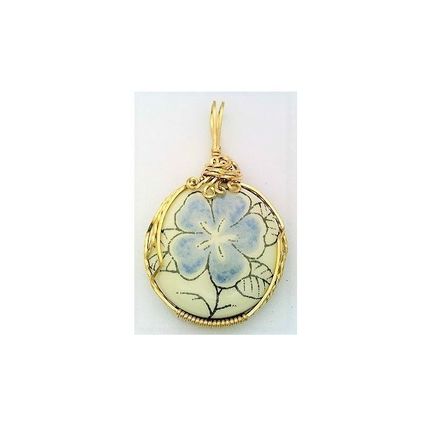 Blue Flower Porcelain Brass Wire Wrap Pendant 1