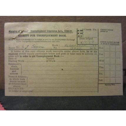 receipt for UNEMPLOYMENT BOOK, 1929 for W M J Edgoose, Aldershot =