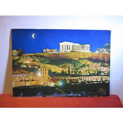 THE ACROPOLIS, ILLUMINATED, ATHENS, GREECE used postcard 1990 pm #