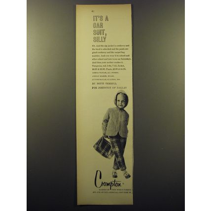 1959 Crompton Fabric Advertisement - fashion by Betti Terrell - It's a car suit