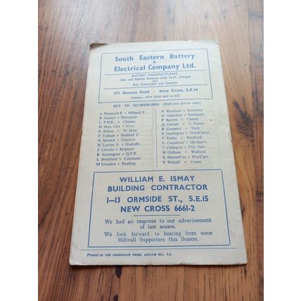 1958/59 Millwall vs Torquay - Division 4, 1/11/1958 ** FREE P&P **