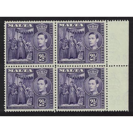 Malta de l'Isle Adam entering Mdina 2½d Block of 4 Side Margin 1938 MNH SG#222a