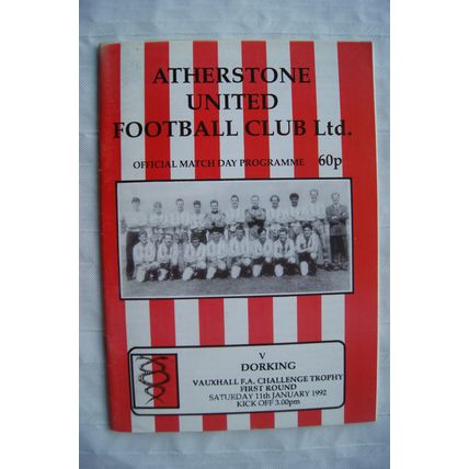 1992 programme Atherstone United v. Dorking, FA Challenge Trophy 1st round