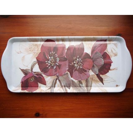Melamine Sandwich Tray/Serving Tray, White with Burgundy Flowers Very Good Cond.