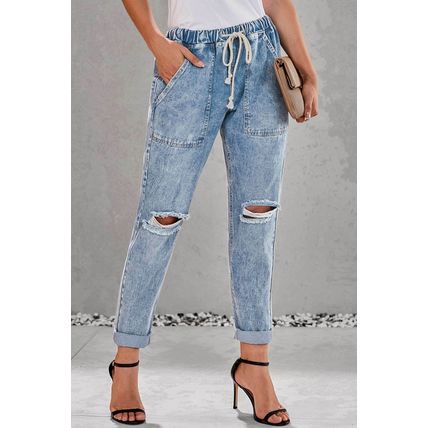 Gather Round Distressed Pocketed Denim Jogger Pants