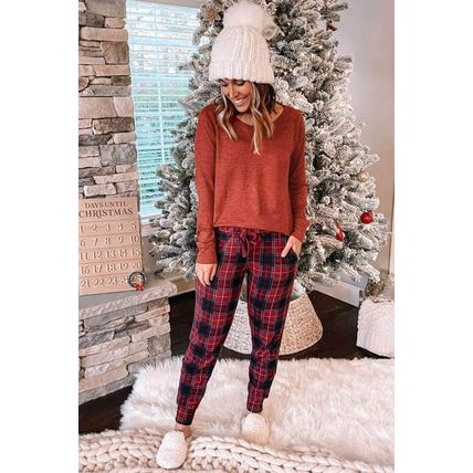 Solid Long Sleeve Top and Plaid Pants Loungewear