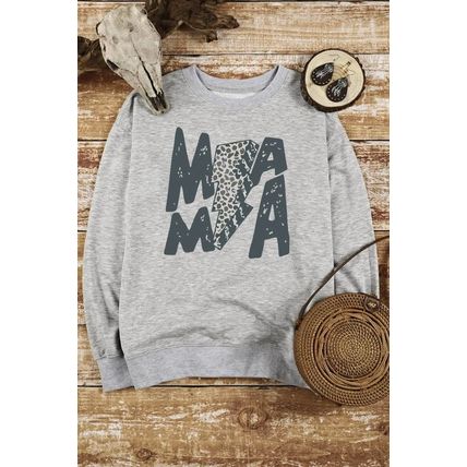 Gray MAMA Lightning Leopard Print Long Sleeve Sweatshirt
