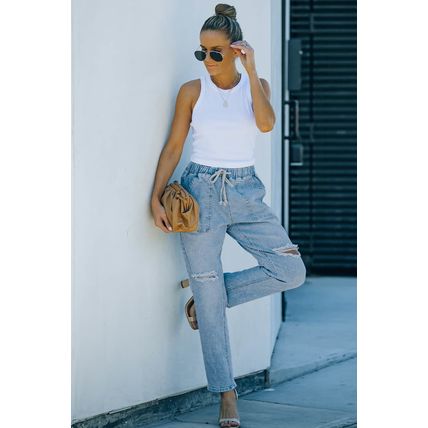 Sky Blue Gather Round Distressed Pocketed Denim Jogger