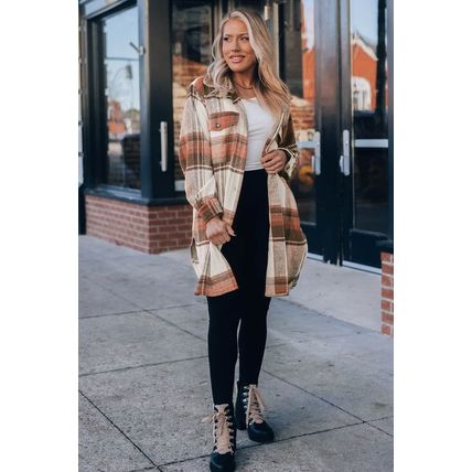 Brown Plaid Print Flap Pockets Long Shacket