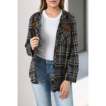 Contrast Hooded Drawstring Plaid Shacket