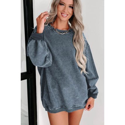Blue Solid Ribbed Knit Round Neck Pullover Sweatshirt