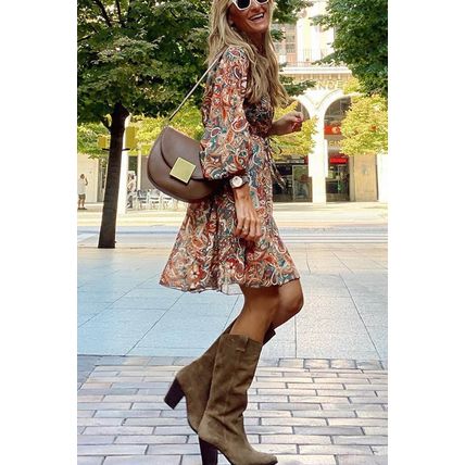 Brown Geometric Print Long Sleeve Surplice Flowy Dress