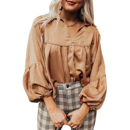 Brown Puff Sleeve Collared Pleated Babydoll Blouse