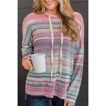 Multicolor Striped Print Cable Knit Drop Shoulder Hoodie