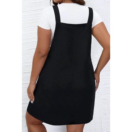 Black Solid Buttoned Straps Plus Size Overall Dress