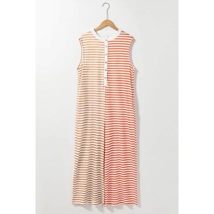 Orange Stripe Oversized Buttoned Front Sleeveless Wide Leg Jumpsuit