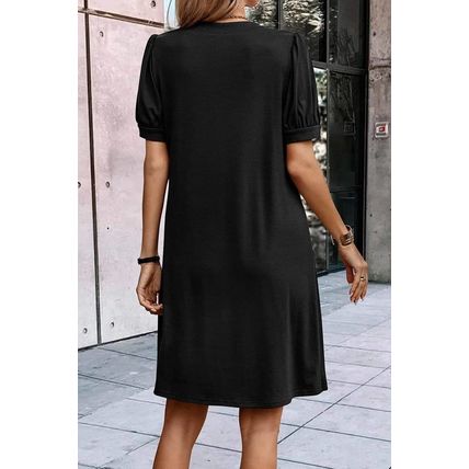 Black Notched Neck Pleated Puff Sleeve Shift T-shirt Dress
