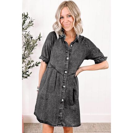 Medium Grey Mineral Wash Ruffled Short Sleeve Buttoned Denim Dress