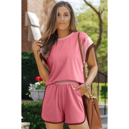 Peach Blossom Contrast Trim Cap Sleeve Tee Shorts Set