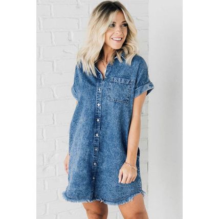 Blue Mineral Wash Cuffed Sleeve Frayed Hem Denim Dress