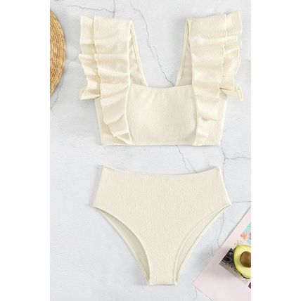 Beige Textured Ruffled Square Neck High Waist Swimsuit