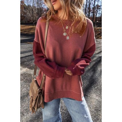 Mineral Red Two Tone Patchwork Drop Shoulder Pullover Sweatshirt