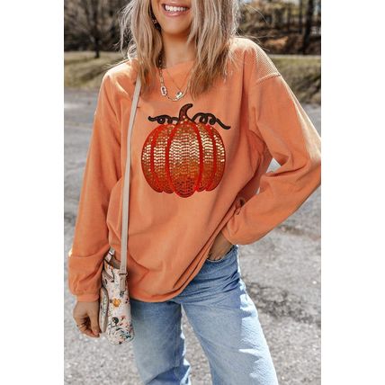 Orange Sequined Pumpkin Ribbed Round Neck Halloween Sweatshirt