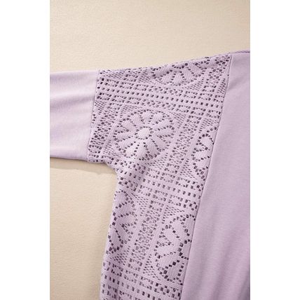 Orchid Petal Knit Crochet Exposed Seam Ribbed Trim Sweatshirt