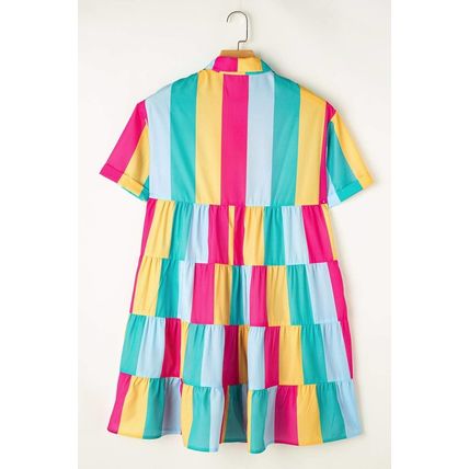 Rose Stripe Colorblock Short Sleeve Mini Shirt Dress
