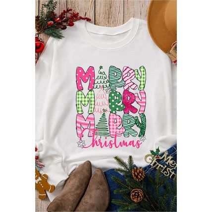 Beige MERRY Christmas Printed Drop Shoulder Pullover Sweatshirt