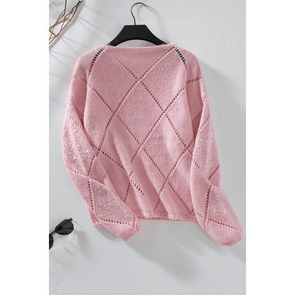 Light Pink Hollowed Rhombus Pattern Sequin Detail Round Neck Sweater