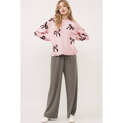 Light Pink Bow Pattern Knitted Loose Fit Sweater