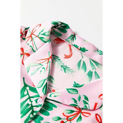 Pink Christmas Berries Plant Print Satin Long Sleeve Pajama Set
