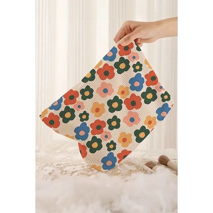 Red Colorful Flower Printed Rib Textured Cosmetic Bag
