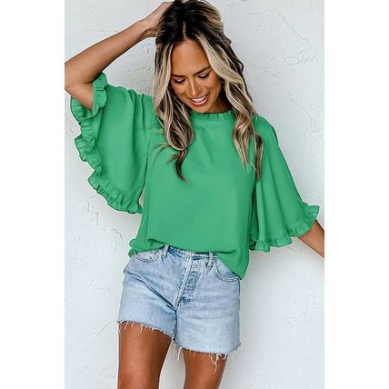 Green Frilly Round Neck Wide Half Sleeve Blouse