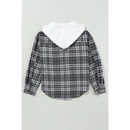 Black Plaid Print Flap Pockets Contrast Hooded Loose Shacket