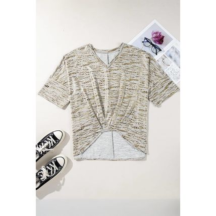 Gray Leopard Print Half Sleeve V Neck Loose Fit T Shirt