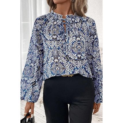 Blue Tribal Print Lace-up Frilled Neck Puff Sleeve Blouse