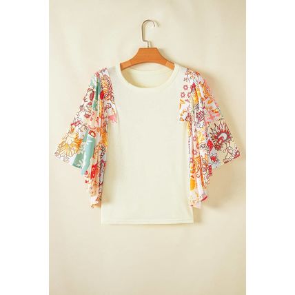 Beige Floral Patchwork Half Batwing Sleeve Blouse