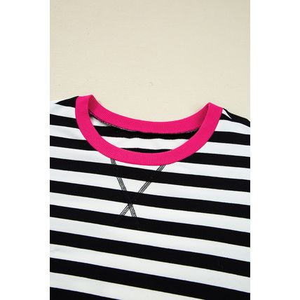 Black Stripe Color Block Edge Pullover and Shorts PLus Size Set