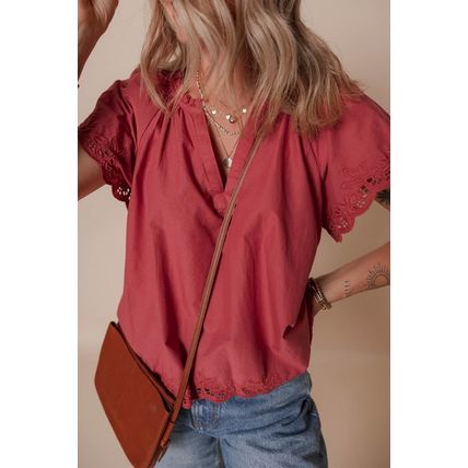 Red Dahlia Floral Embroidered Scallop Trim Short Sleeve V Neck Blouse