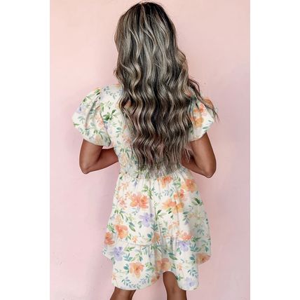 Beige Floral Print Shirred High Waist Puff Sleeve Mini Dress