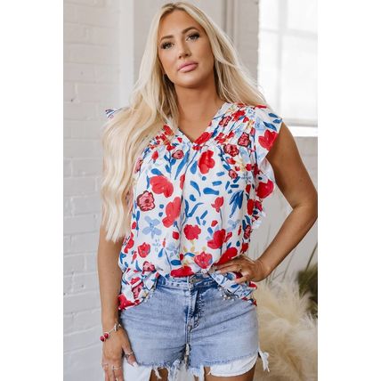 Red Flowers Pintuck Detail V-Neck Ruffled Sleeve Top