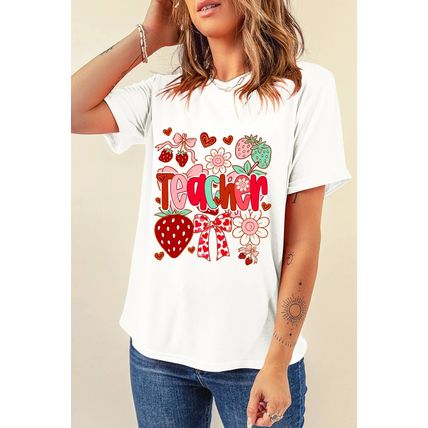White Cute Strawberry Floral Teacher Graphic Custom Tee