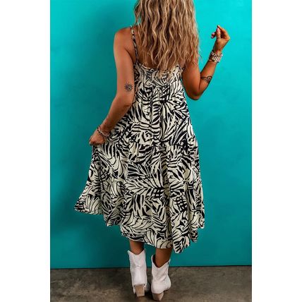 Khaki Tropical Palm Print Wrapped V Neck Spaghetti Straps Tiered Dress