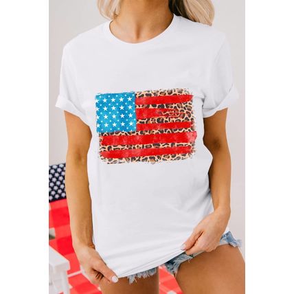 White Leopard Insert American Flag Pattern Cotton Blend T Shirt