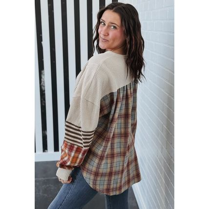 Parchment Plus Size Waffle Colorblock Striped Plaid Patchwork Half Button Pullov