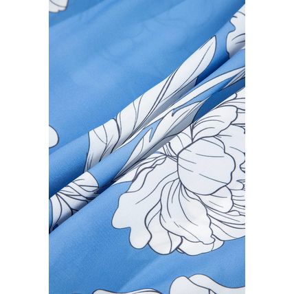 Sky Blue Floral Ricrac Trim Collared Puff Sleeve Loose Blouse